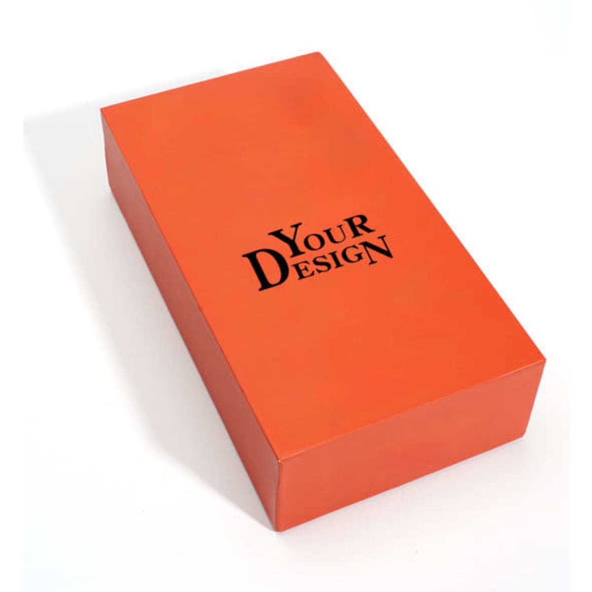 An orange custom paper box with a lid, featuring a logo and a design space on the surface.