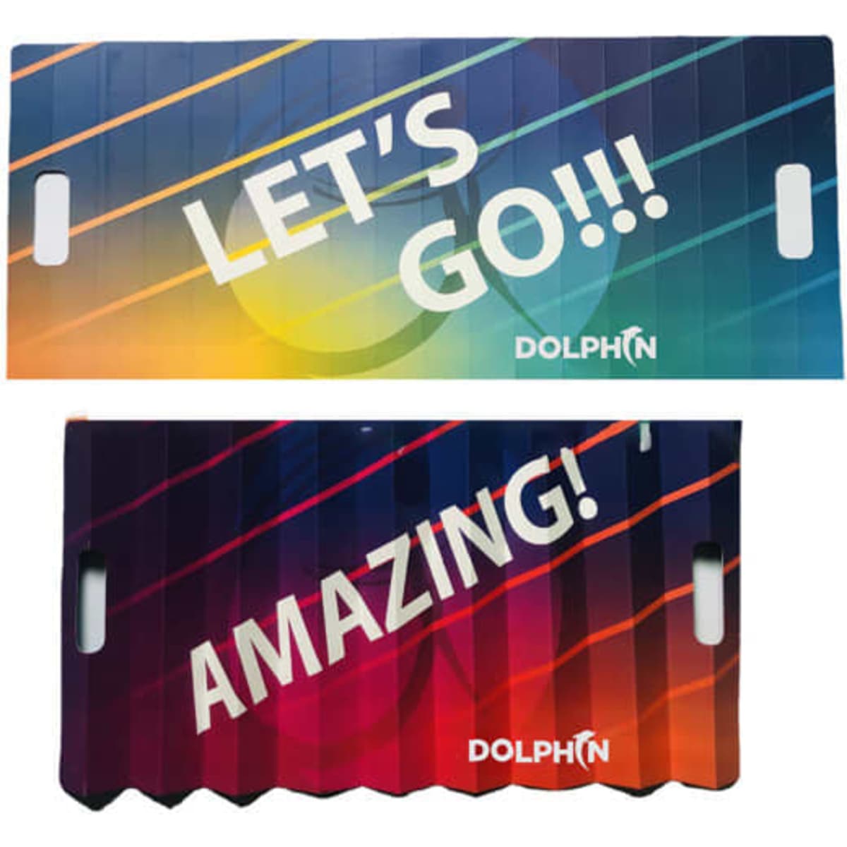 A foldable paper fan in vibrant colours with bold text, featuring a logo and a pleated design.