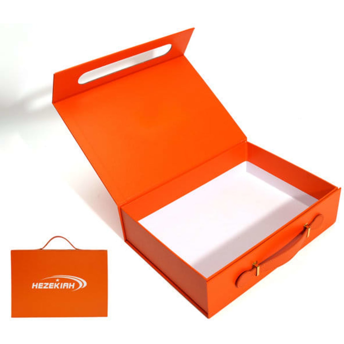 An orange custom gift box with a handle, featuring an open design and a smooth white interior.