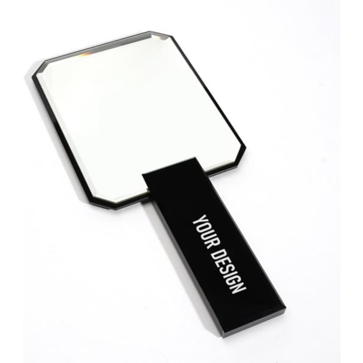 An acrylic handheld mirror with a black handle and a blank surface for custom designs.