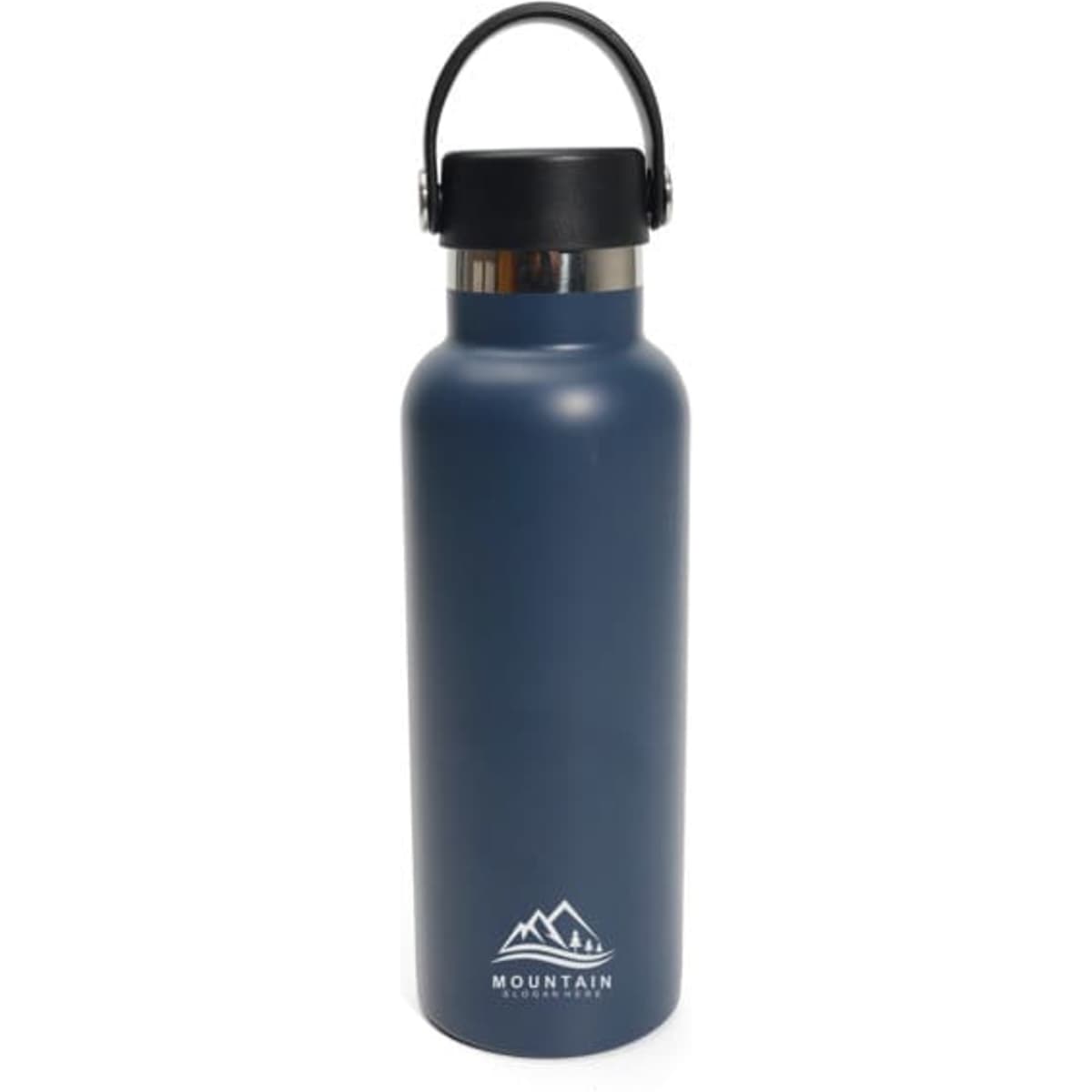 A drink bottle in navy blue stainless steel with a black lid and a carrying handle, featuring a logo.
