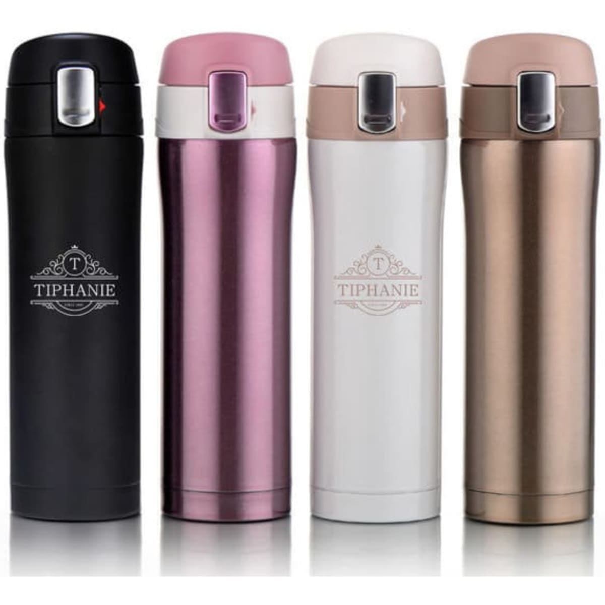 A drink bottle collection featuring a black, pink, white, and metallic gold thermos cup, each with a logo.