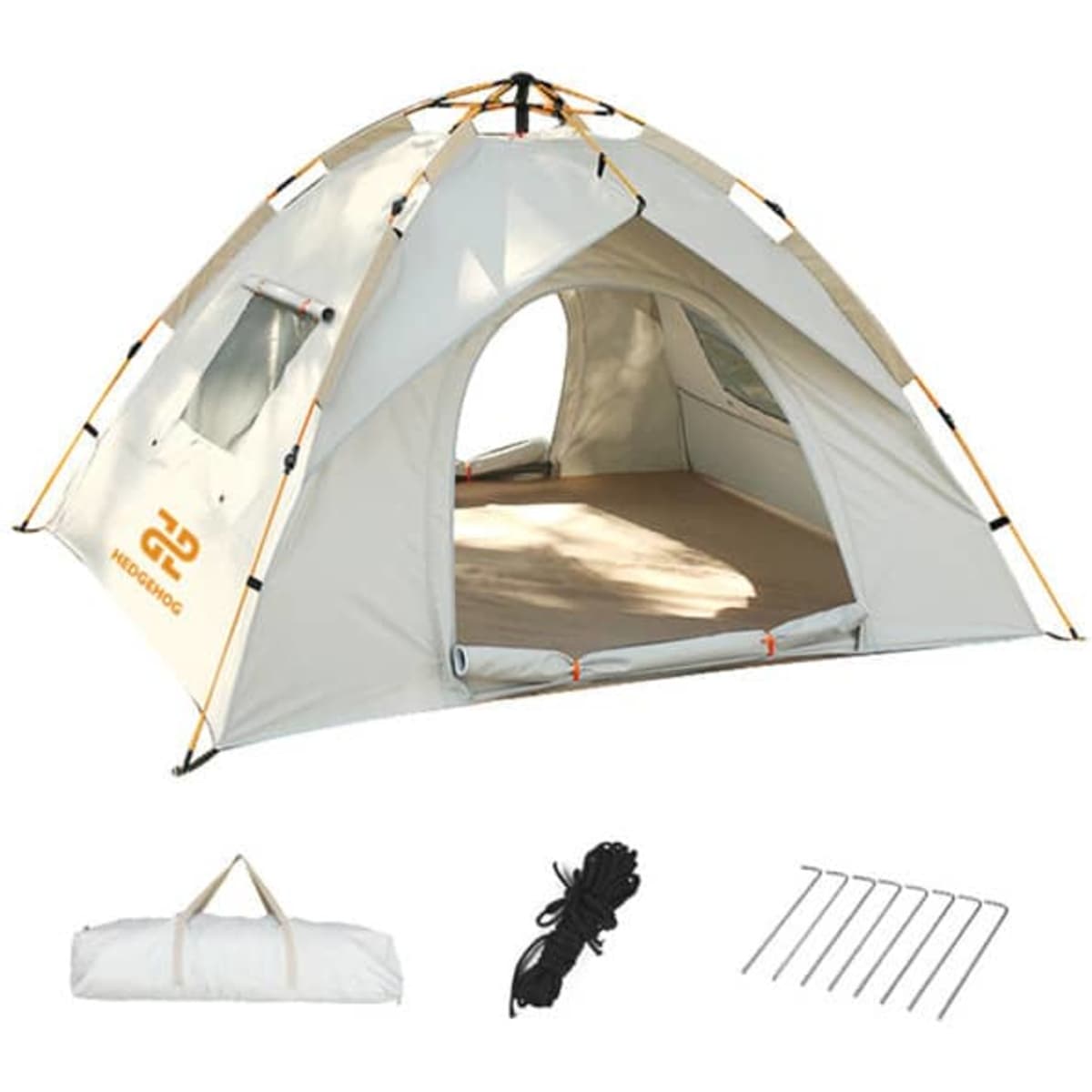 A double camping beach tent in cream with accessories including pegs and cord, featuring an interior space and windows.