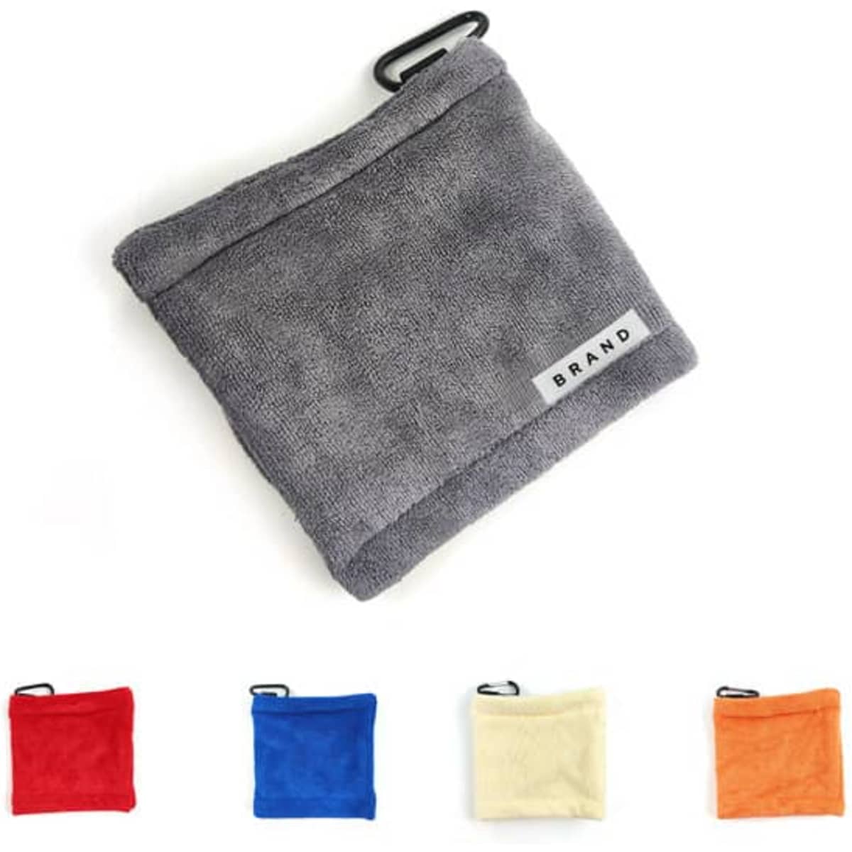 A grey golf ball cleaning towel with a carabiner and available in red, blue, yellow, and orange options.