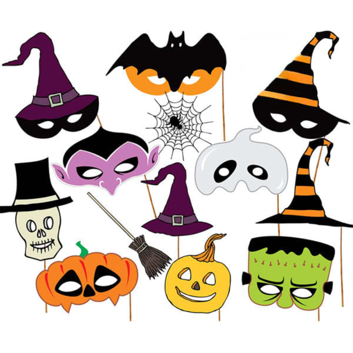 A collection of 12 Halloween photo booth props, including hats, masks, a pumpkin, and a bat, in vibrant colours.
