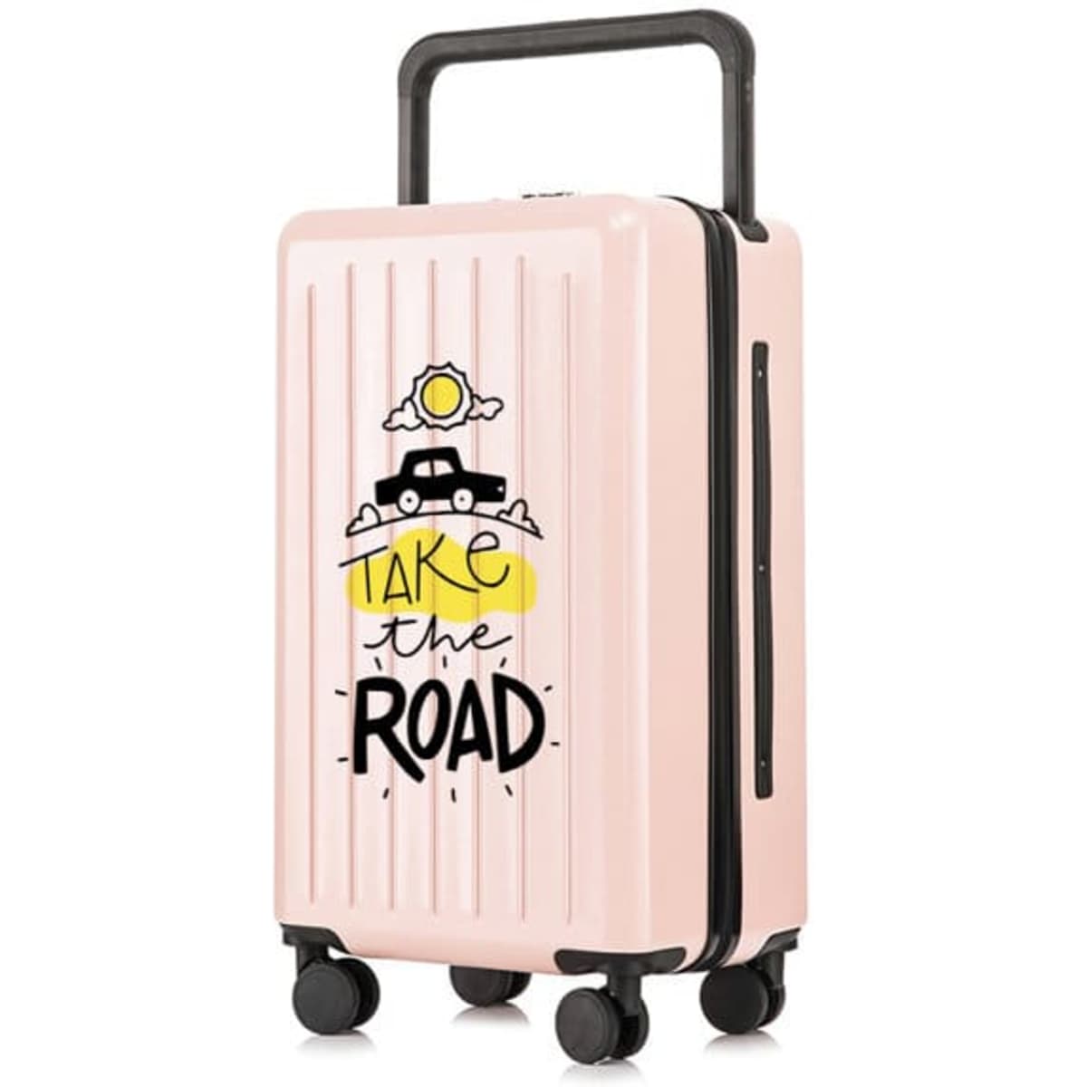 A pink wheeled luggage with a design featuring a car, sun, and clouds, along with a logo on the side.
