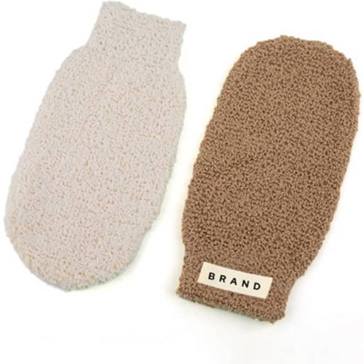 Bamboo fibre bath mitts in cream and brown, featuring a textured surface, with a branding label on one mitt.
