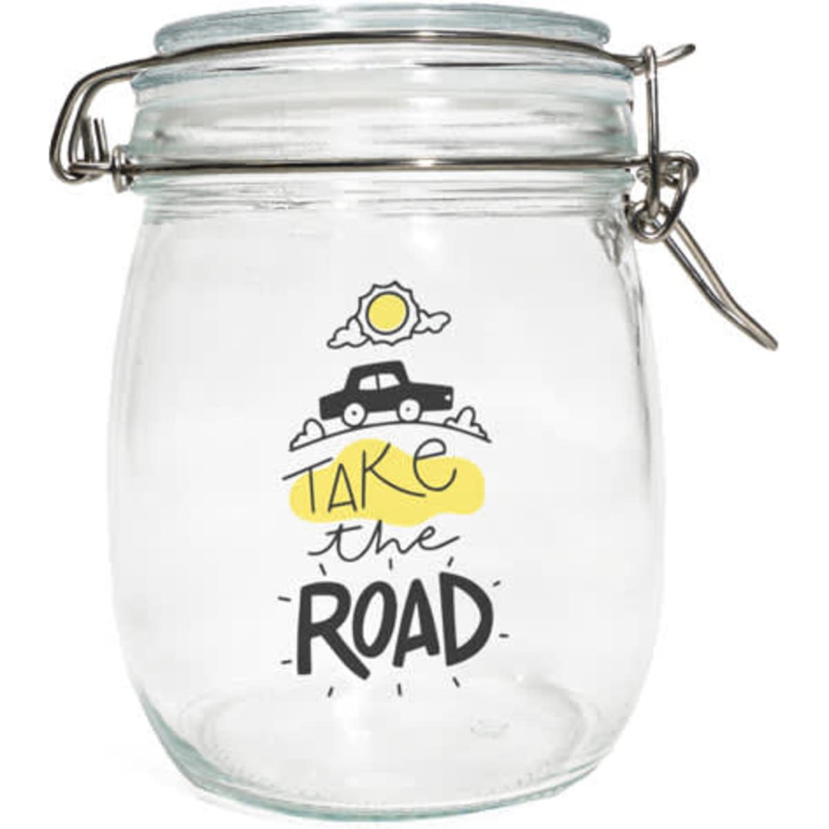 A round glass mason jar with a metal clasp, featuring a playful design of a car, sun, and text in black and yellow.