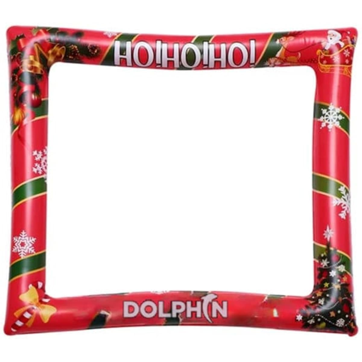 An inflatable photo frame prop in red with festive designs, featuring snowflakes and Santa Claus.