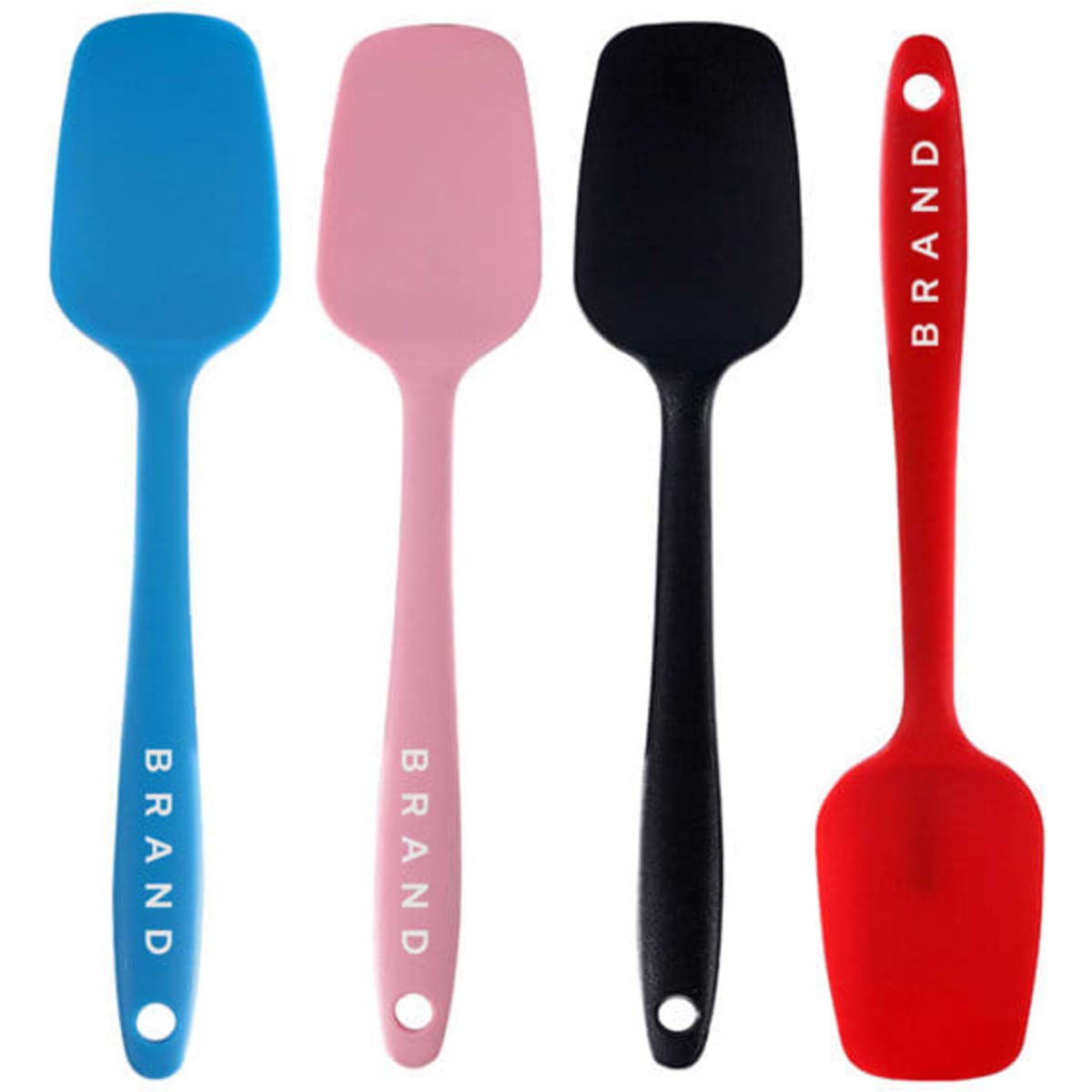 A set of four silicone T-shaped spatulas in blue, pink, black, and red, featuring branding on the handles.
