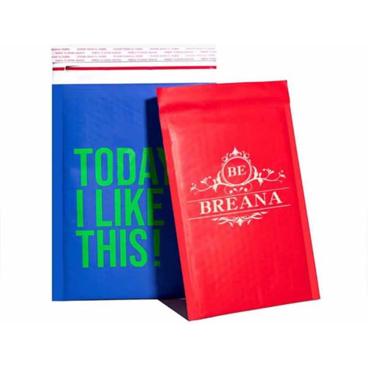 Two coloured kraft paper bubble mailer bags, one blue with green text and one red with a decorative logo.