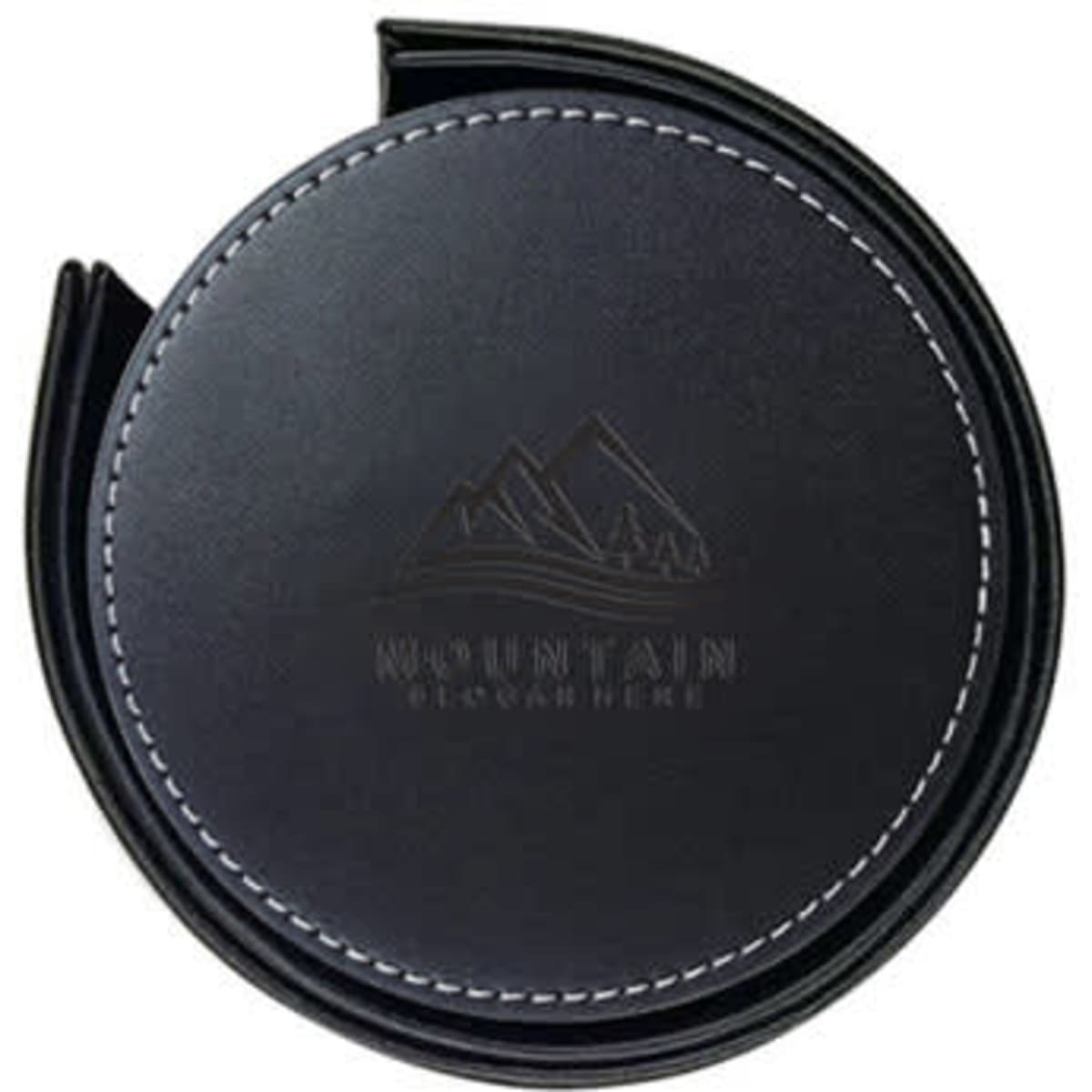 A set of black PU leather coasters with white stitching, contained in a round holder featuring a logo.