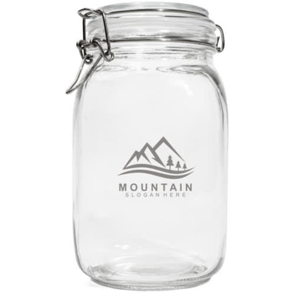 A clear glass mason jar with a metal clamp lid and a logo featuring mountains and trees.