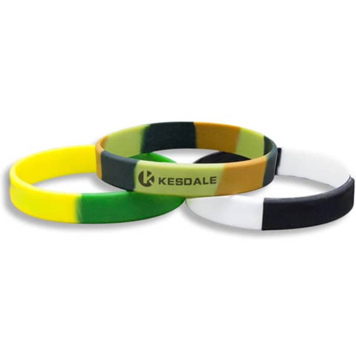 Custom silicone UV colour changing bracelets in green, yellow, brown, white, and black. The bracelets feature a logo.