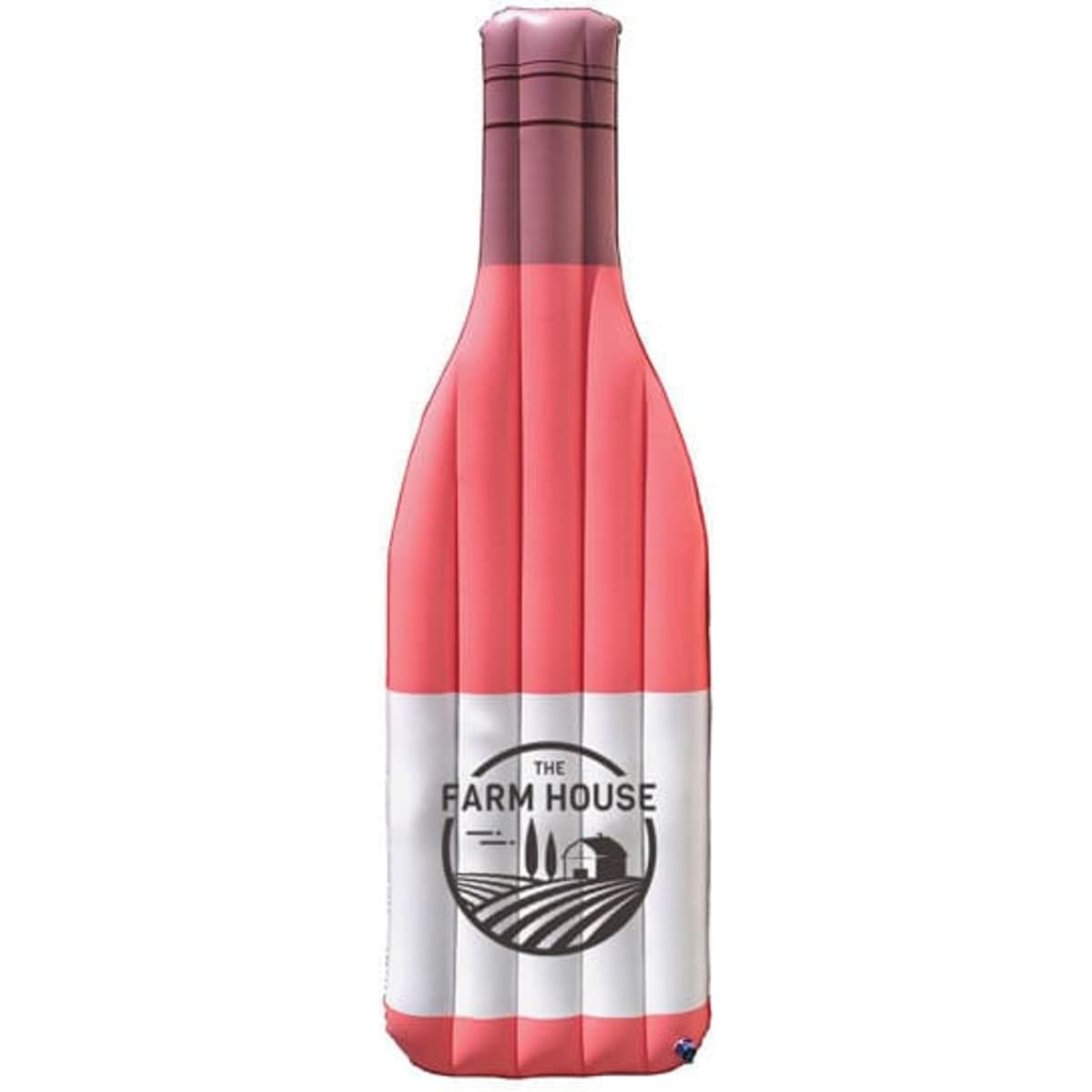 An inflatable champagne bottle pool float in shades of pink and white, featuring a logo on the front.