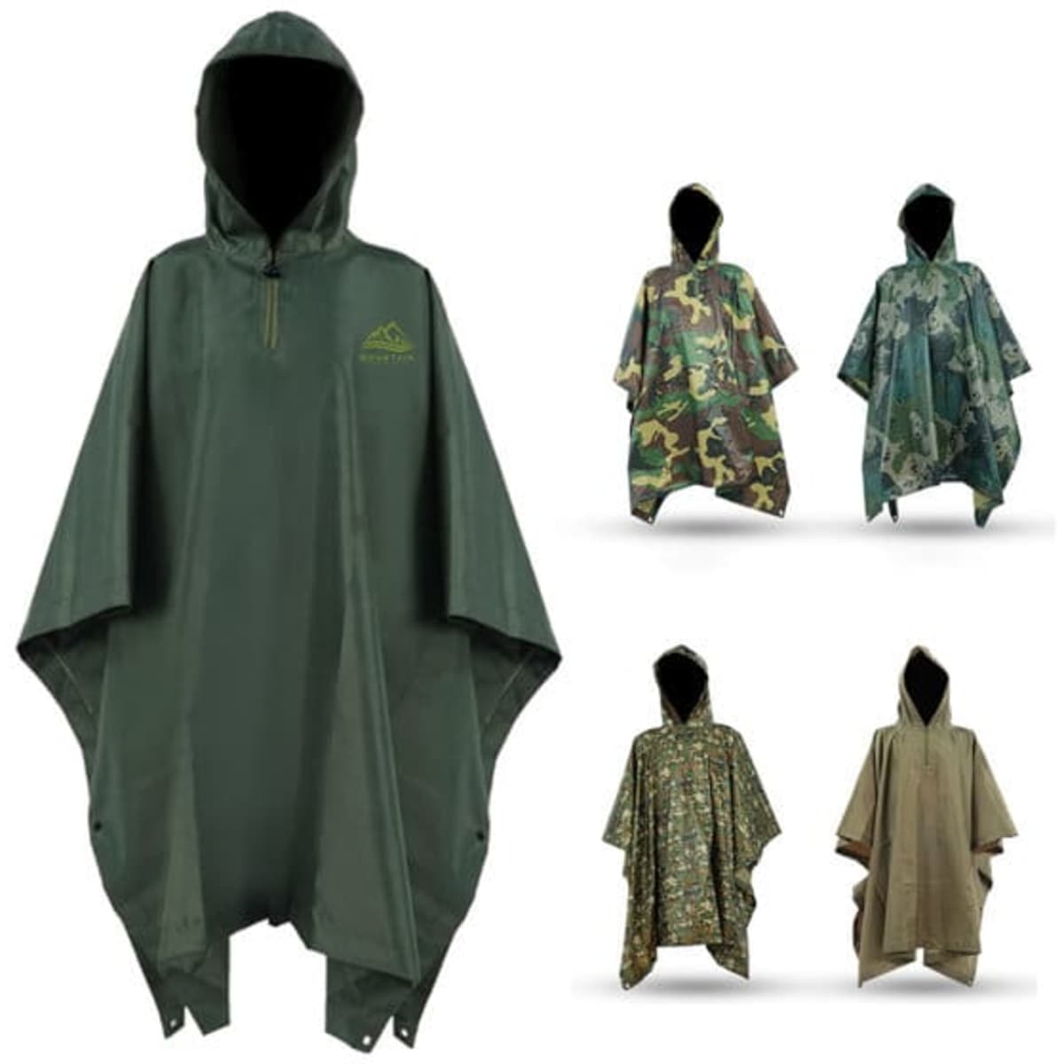 A portable camouflage rain poncho featuring various designs in green, brown, and blue tones, with hoods and a logo.