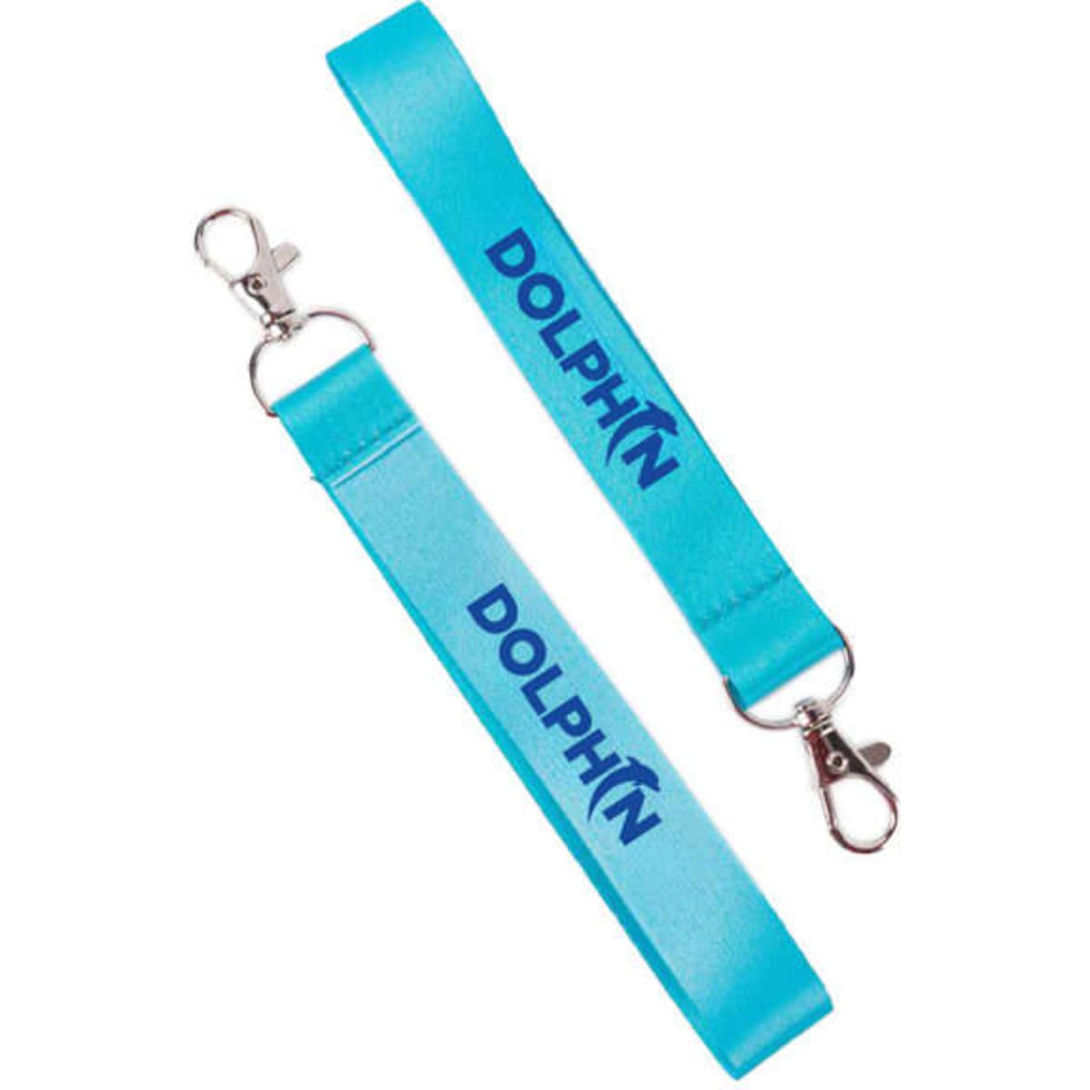 A light blue polyester wrist keychain lanyard with a clip and a logo printed on it.