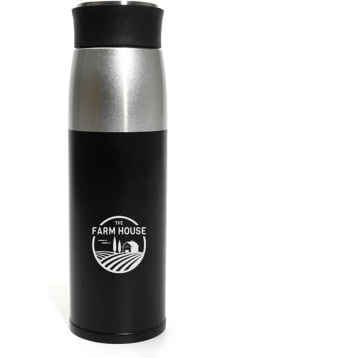 A drink bottle featuring a black and silver stainless steel design, with a logo on the front.
