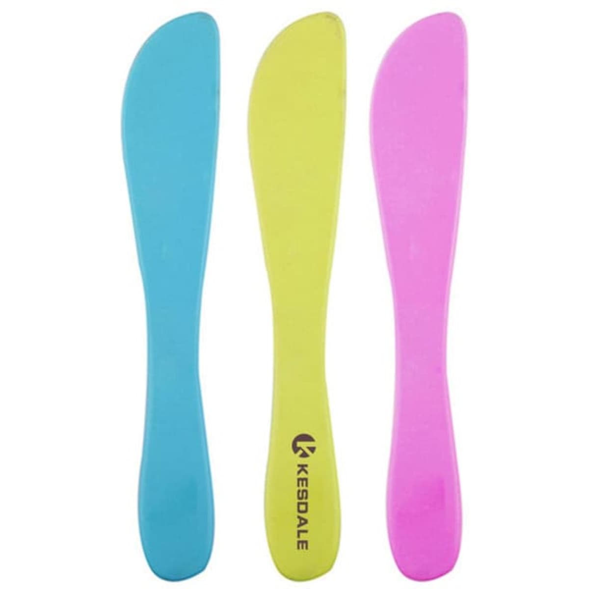 Three plastic multi-purpose butter knives in blue, yellow, and pink, featuring a logo on one knife.