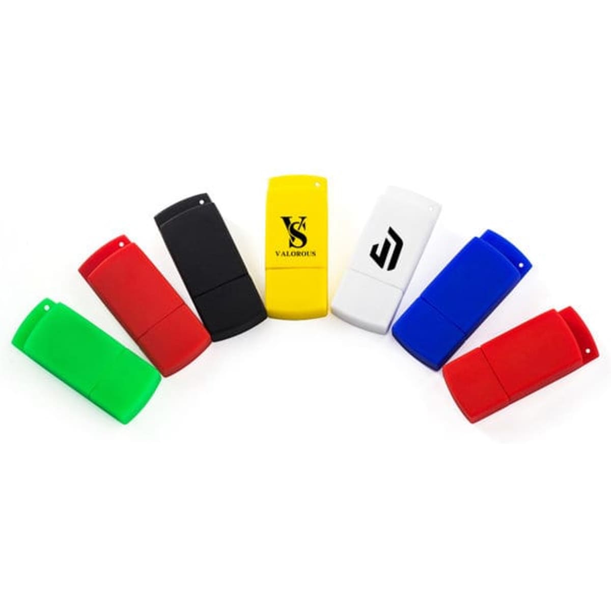 A selection of 8GB square silicone USB flash drives in red, green, black, blue, and white. Each features a logo.
