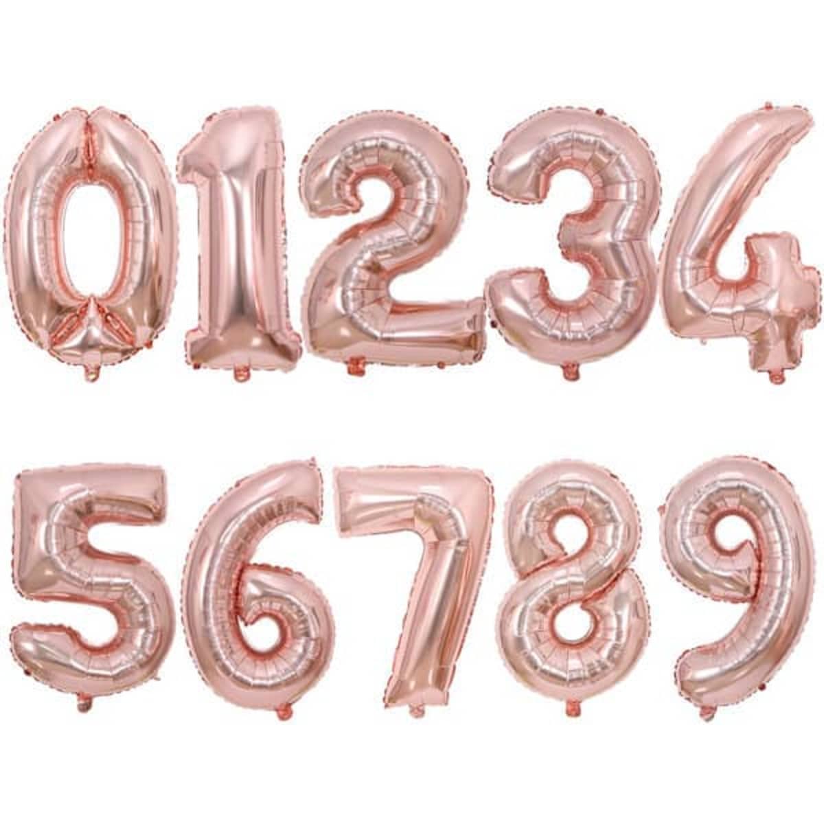 A set of 32-inch aluminium film number balloons in a rose gold colour, featuring the digits 0 through 9.