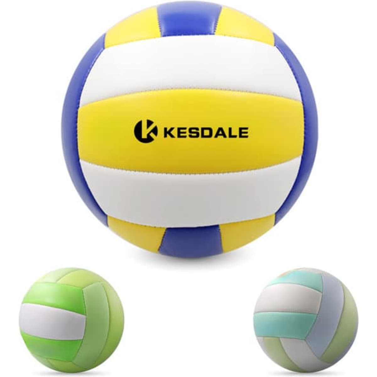 A custom soft beach volleyball featuring blue, yellow, and white panels, along with two smaller green and blue volleyballs.