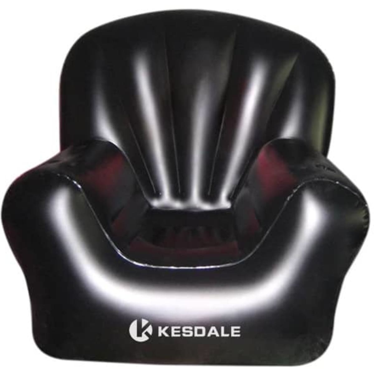 A black inflatable lounge chair with a glossy finish and a logo on the front.