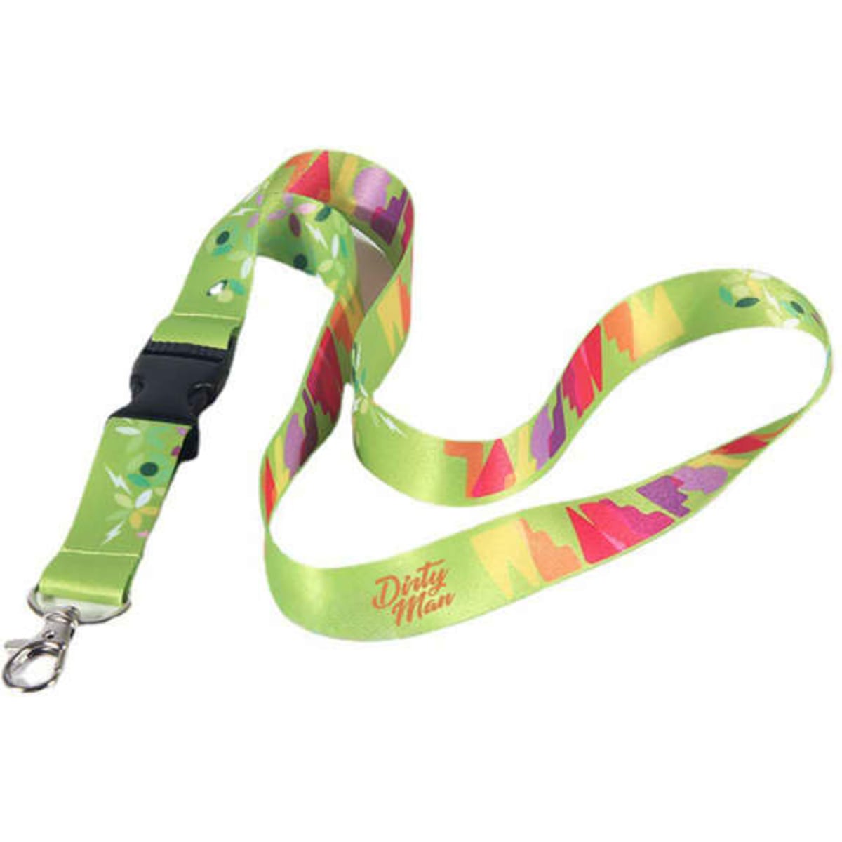 A custom green lanyard with a buckle, featuring vibrant patterned designs and a clip for attaching items.