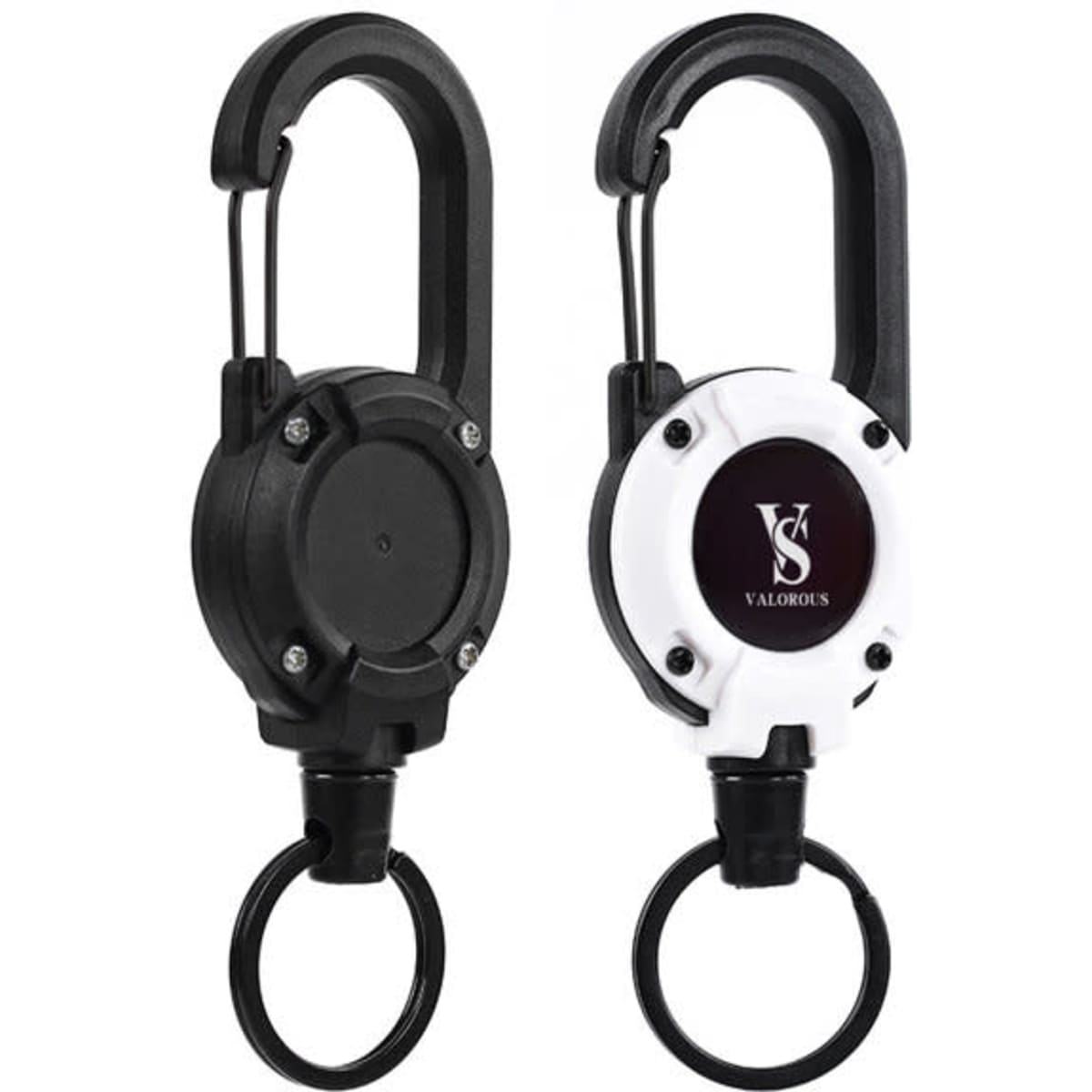 A retractable badge reel with a carabiner, featuring a black and white design and a circular logo on one side.