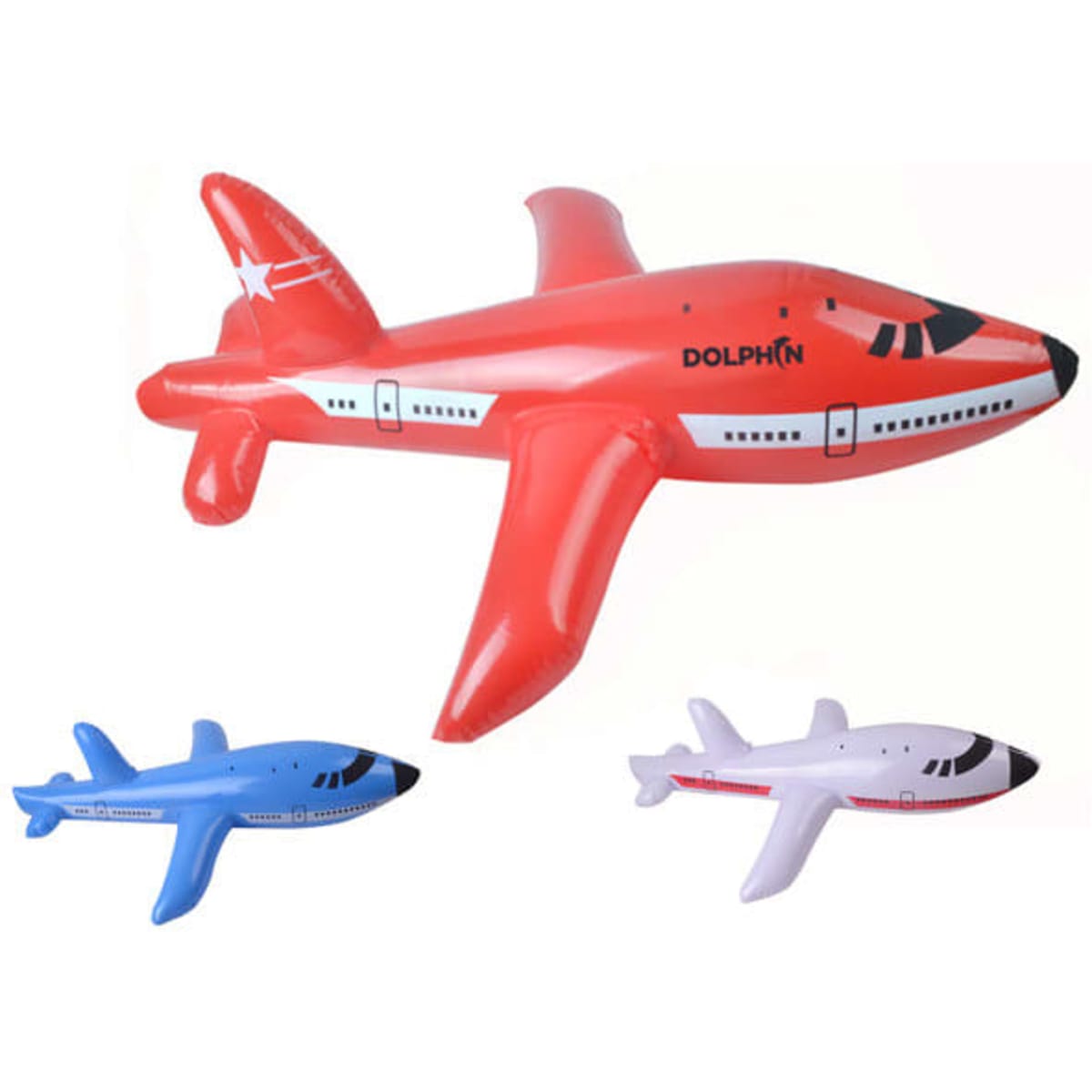 A red, blue, and white PVC inflatable airplane float toy with a sleek design and branding elements.