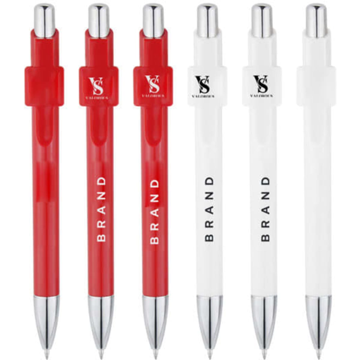 A selection of personalised business pens in red and white, featuring a shiny silver clip and branding.