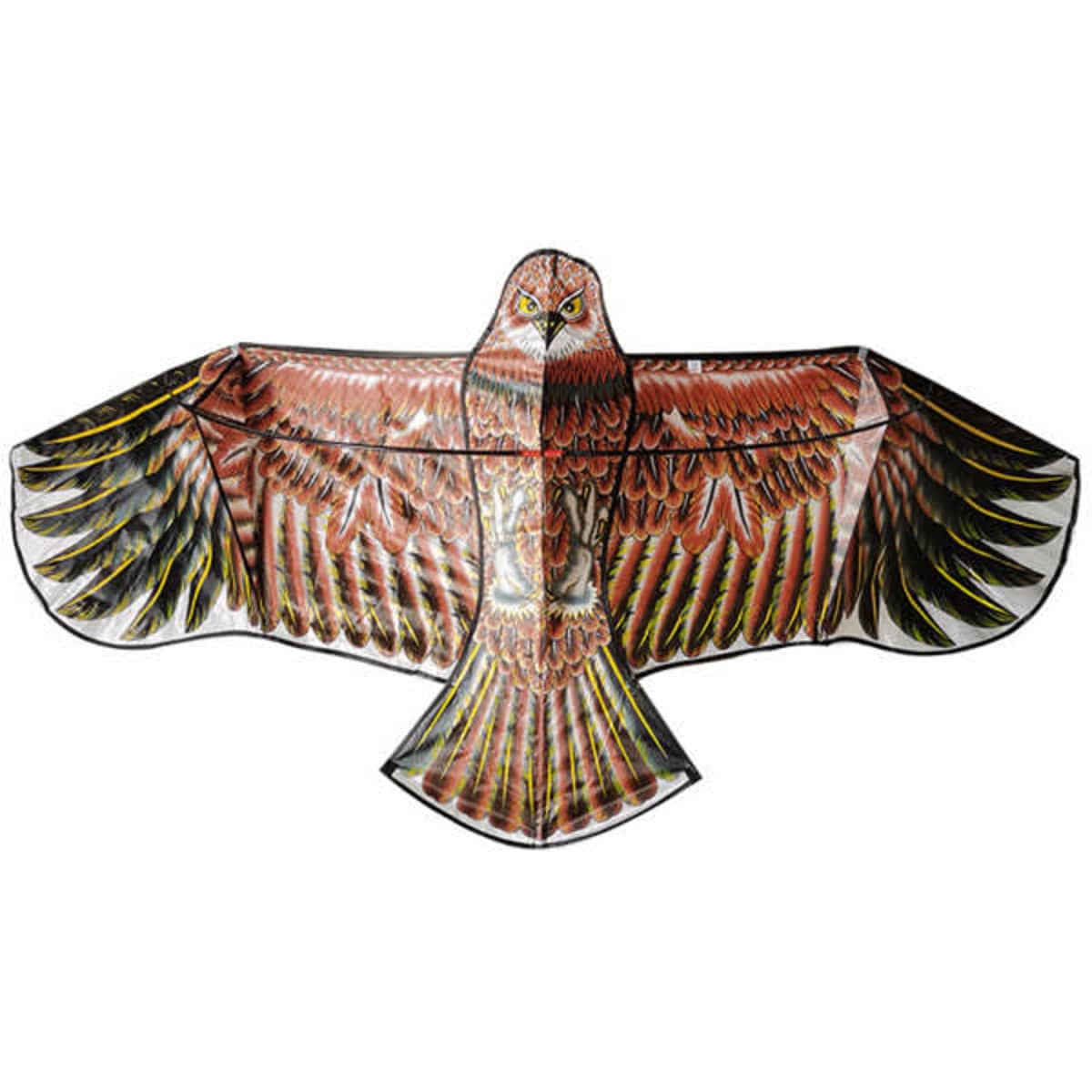 An eagle-shaped kite featuring vibrant red, brown, and yellow colours, with a string reel included.