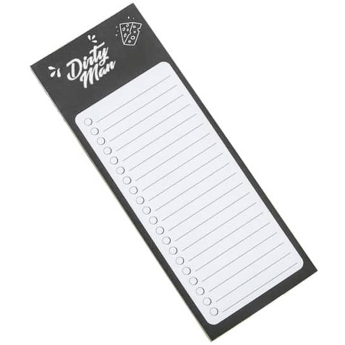 A magnetic notepad with a black background and a white writing area, featuring a logo at the top.