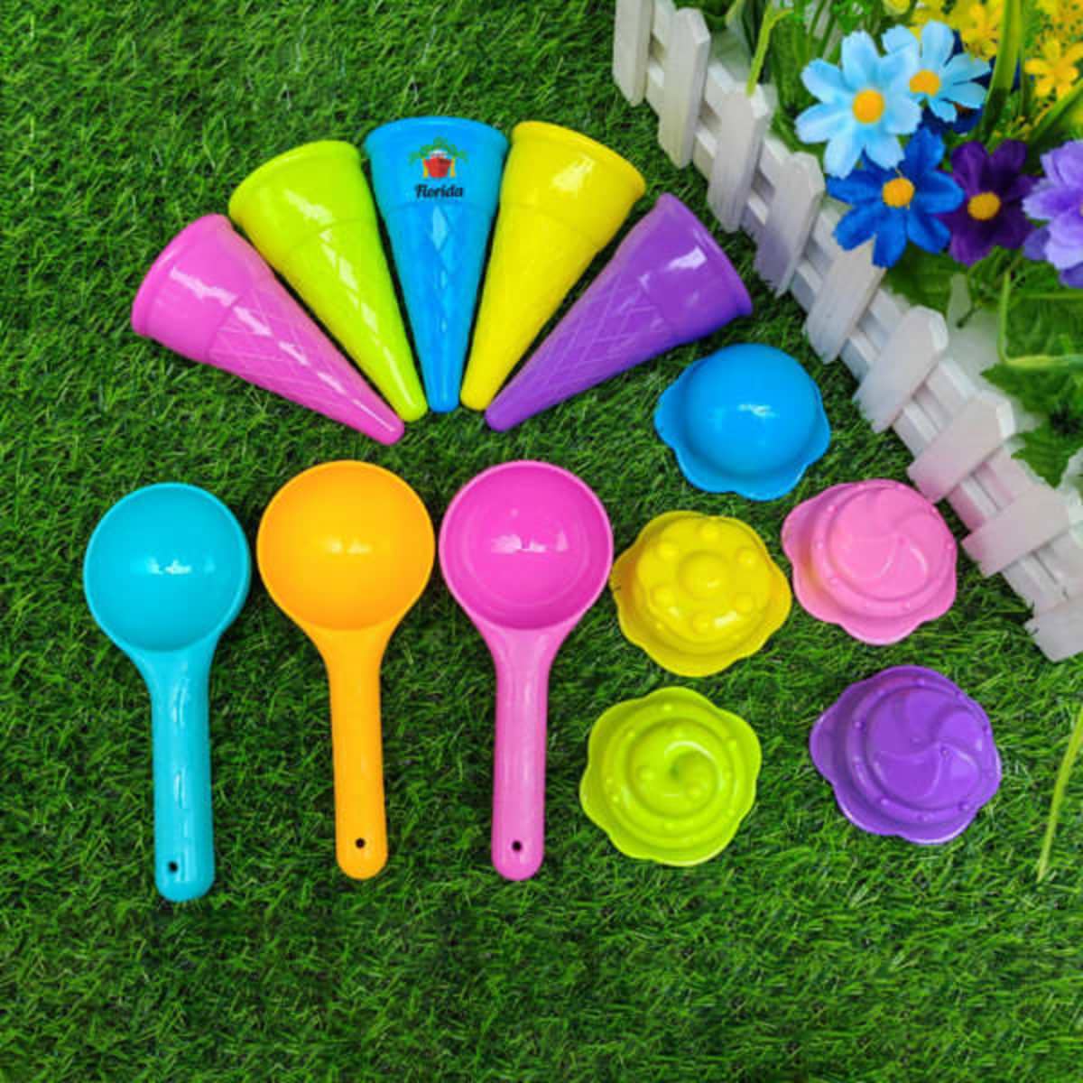 A set of plastic ice cream cone scoops in vibrant colours, including pink, purple, blue, and yellow, with various shaped moulds.