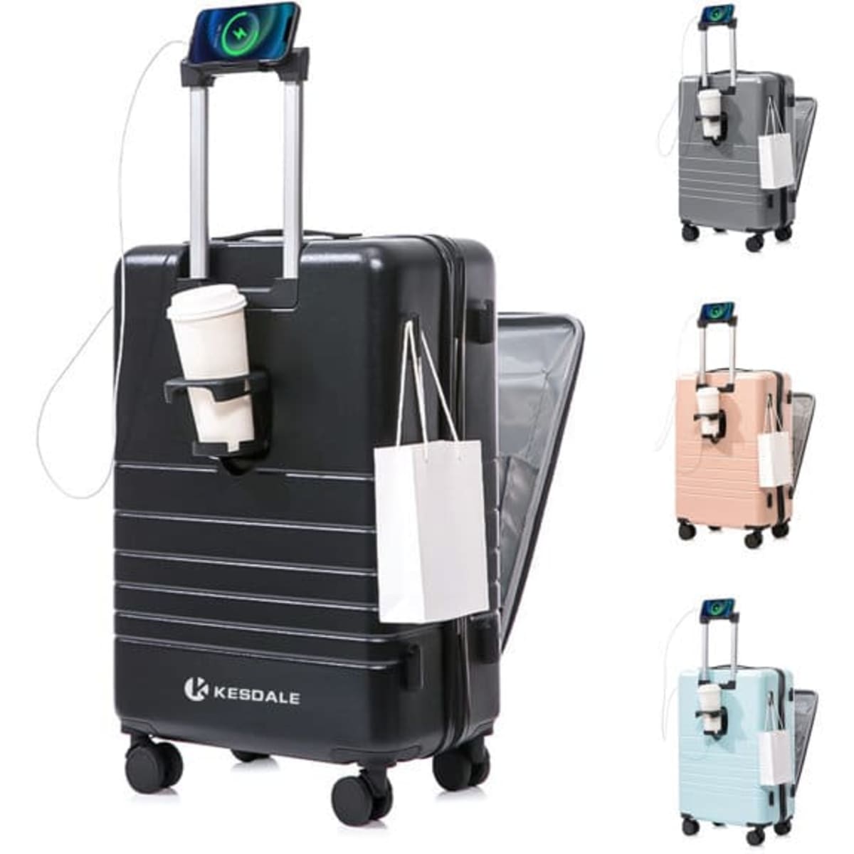 A black 20-inch trolley cabin suitcase with a phone holder and coffee cup, featuring a sleek design. Other colour options visible.