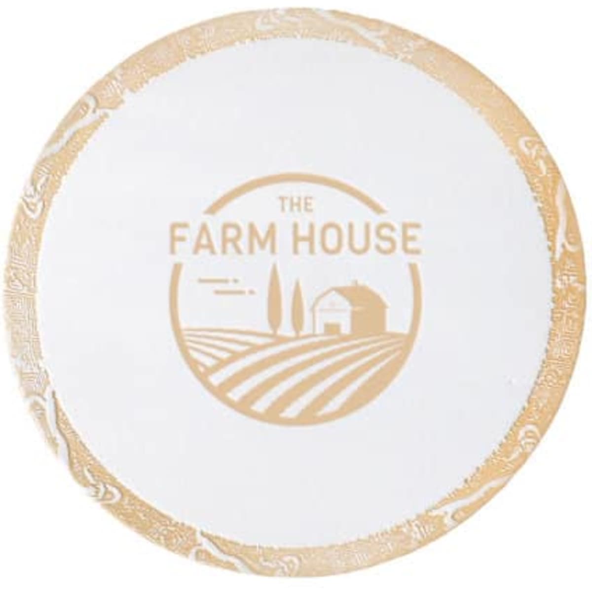 A round disposable coaster in white with a gold rim and a logo featuring a farmhouse and fields.