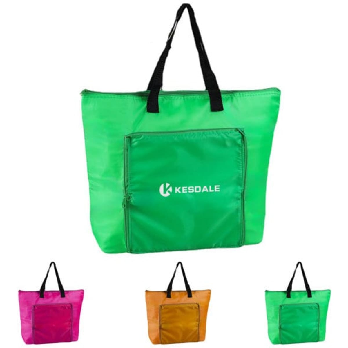 A green foldable thermal tote bag with black handles and a front pocket, alongside pink and orange versions.