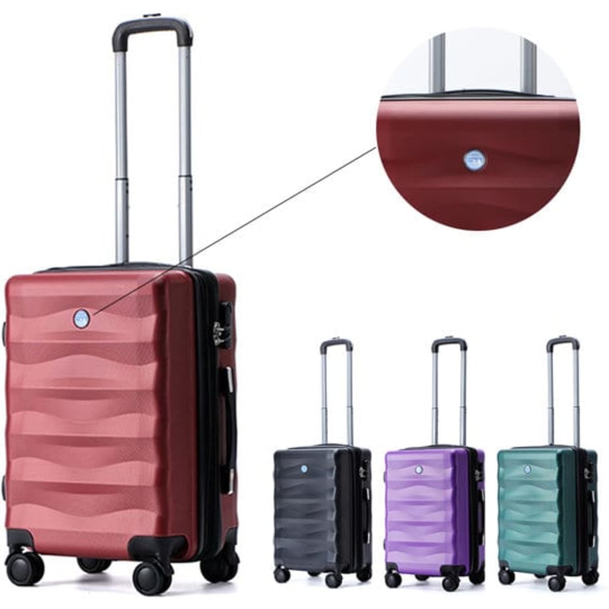 A hardside luggage suitcase in red, featuring spinner wheels, a retractable handle, and a logo on the front.