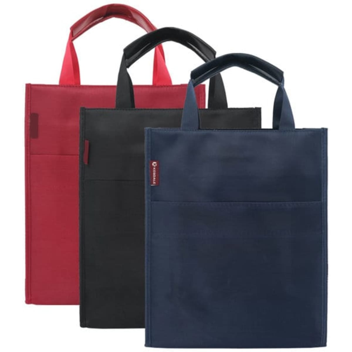 A collection of three handcarry document holders in red, black, and navy with handles and front pockets.