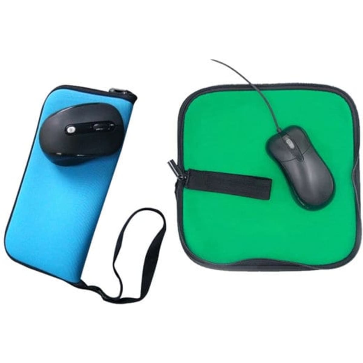 A neoprene mouse storage bag in blue with a black zipper, alongside a green mouse pad and a black computer mouse.
