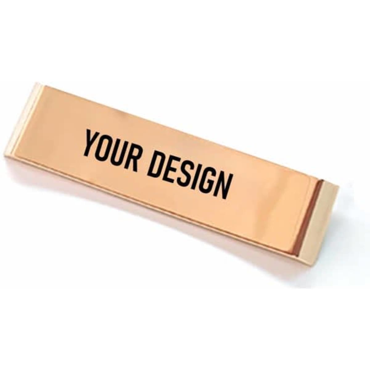 A customised metal nameplate in a shiny rose gold finish, featuring a blank design area.