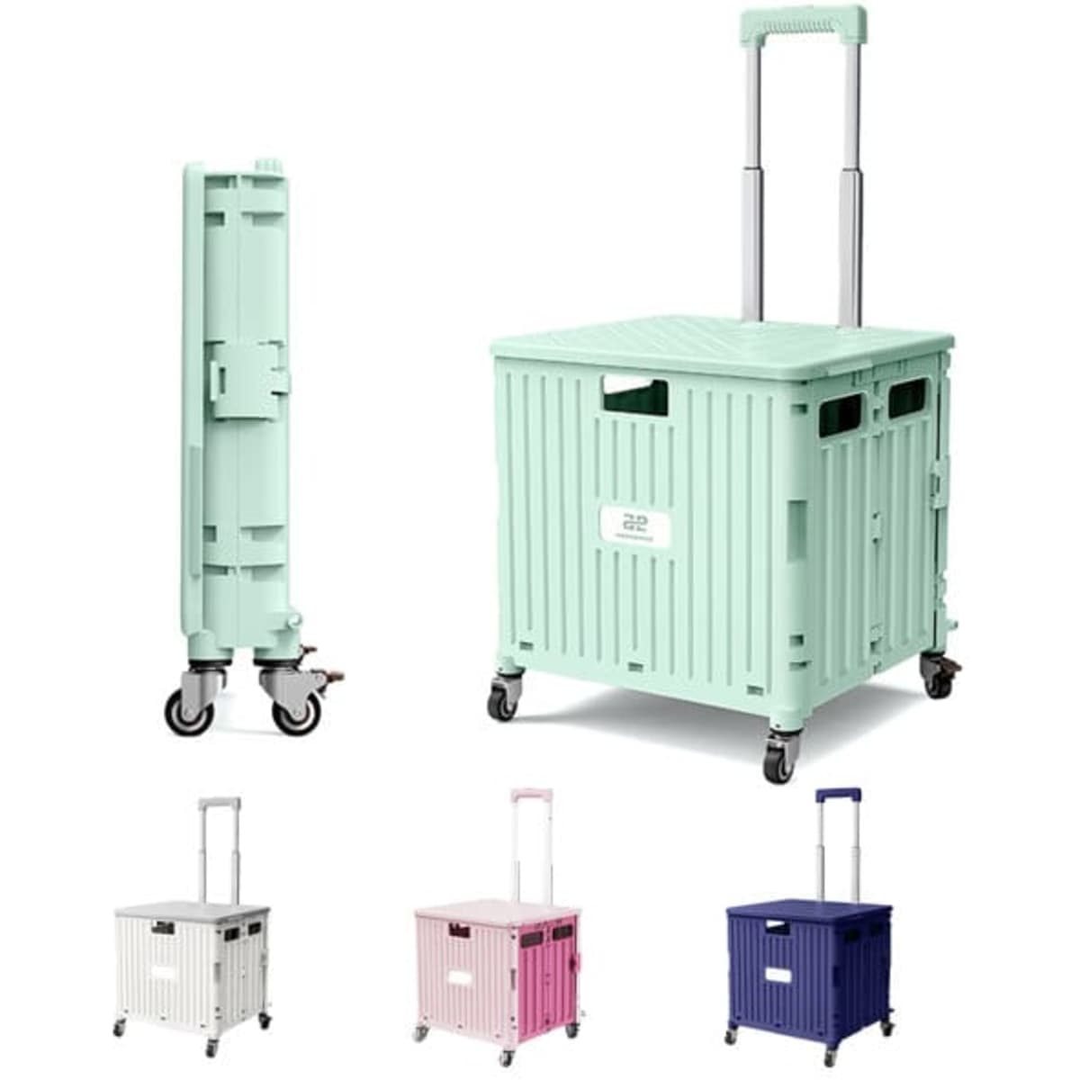 A mint green wheeled crate with a retractable handle, alongside pink, white, and navy blue versions.