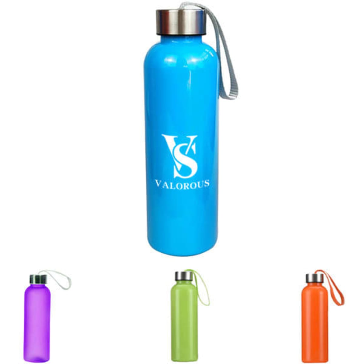 A drink bottle in vibrant blue, featuring a silver lid and a logo, with additional bottles in purple, green, and orange.