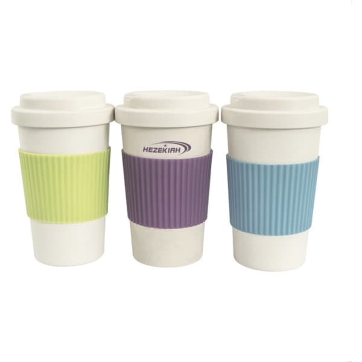 Three 15 oz. non-slip coffee cups in white with green, purple, and blue silicone grips, featuring a brand logo.