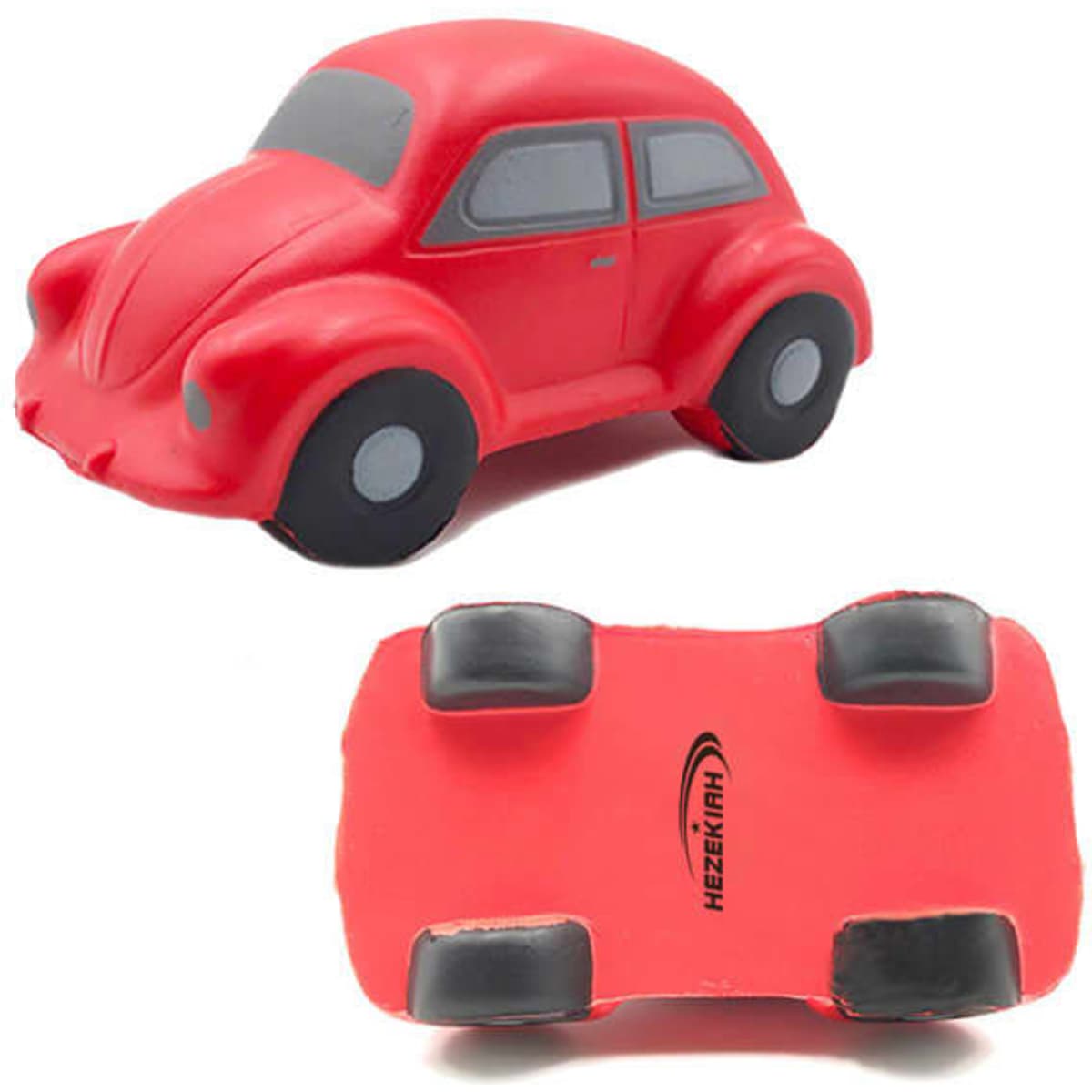 A red PU foam stress toy shaped like a car, with grey wheels and a simple design. It features a logo on the underside.
