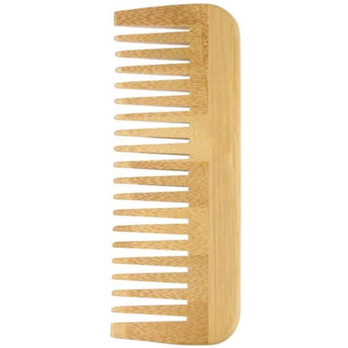 A bamboo wide-tooth comb in a natural wood finish, featuring teeth of varying widths.