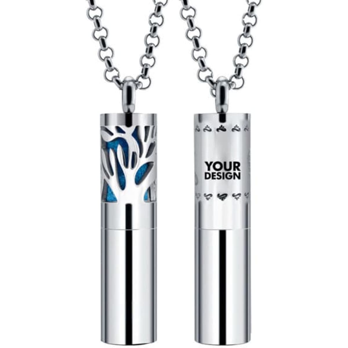A silver cylinder essential oil diffuser necklace featuring intricate cut-out designs and a sleek, polished finish.