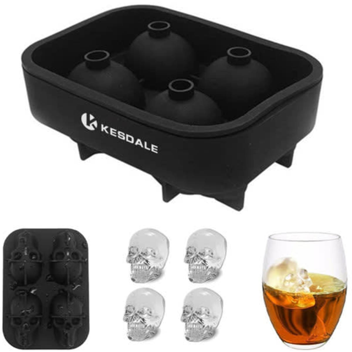 Silicone ice cube mold in black, featuring four skull-shaped compartments, with clear skull ice cubes and a drink glass.