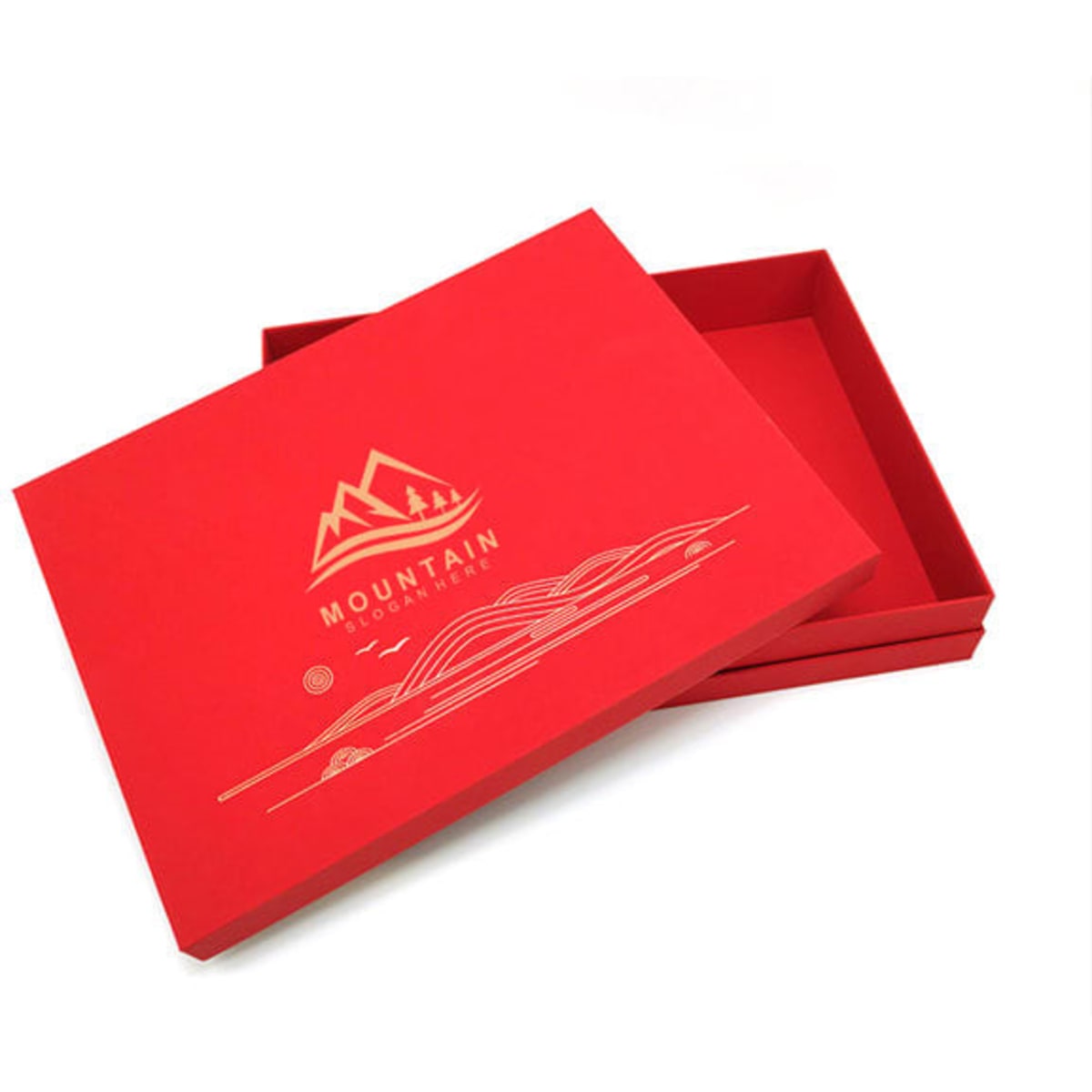 A vibrant red custom paper box with a lid, featuring a logo and an interior compartment.