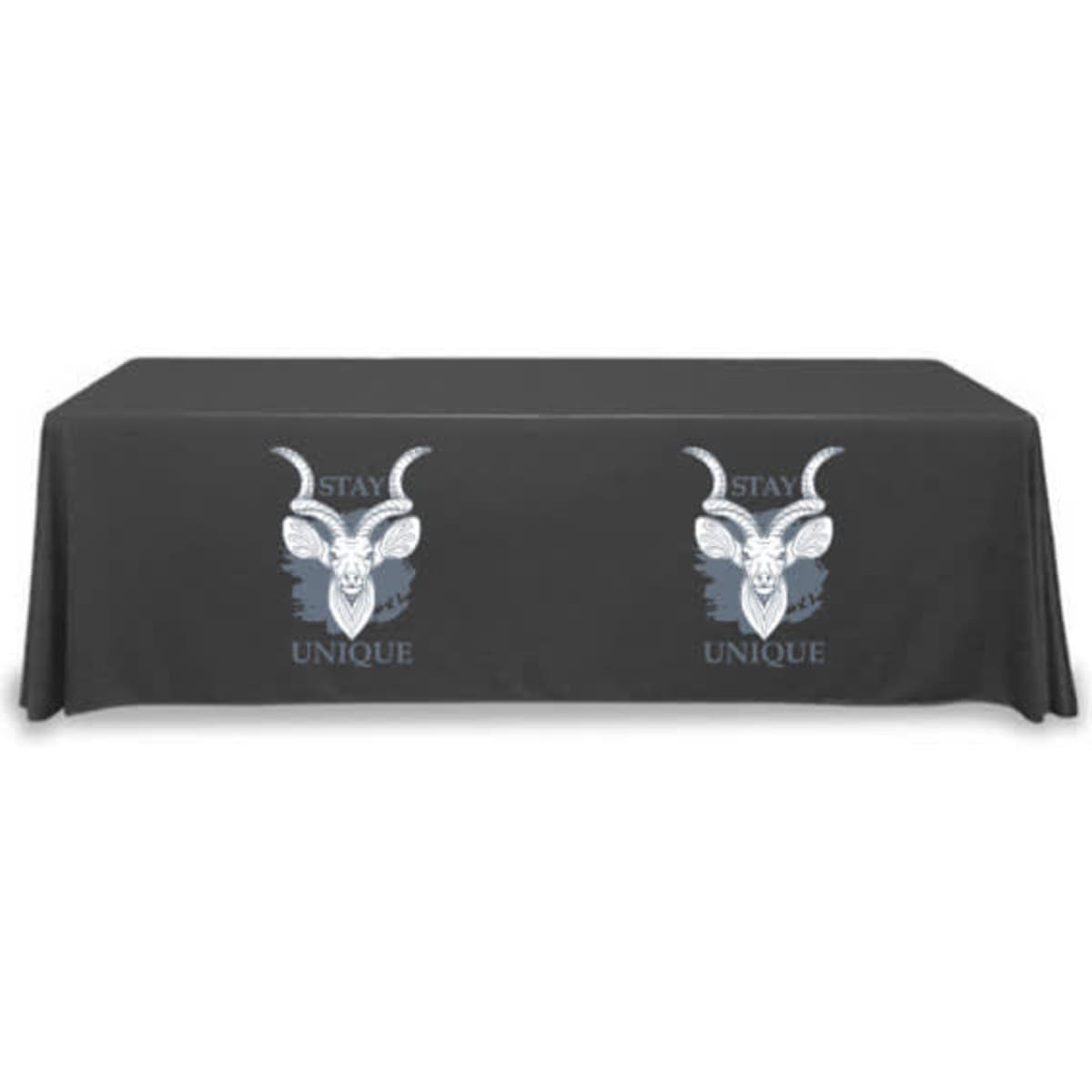 A black polyester table cover featuring a design with horns and a logo on two sides.
